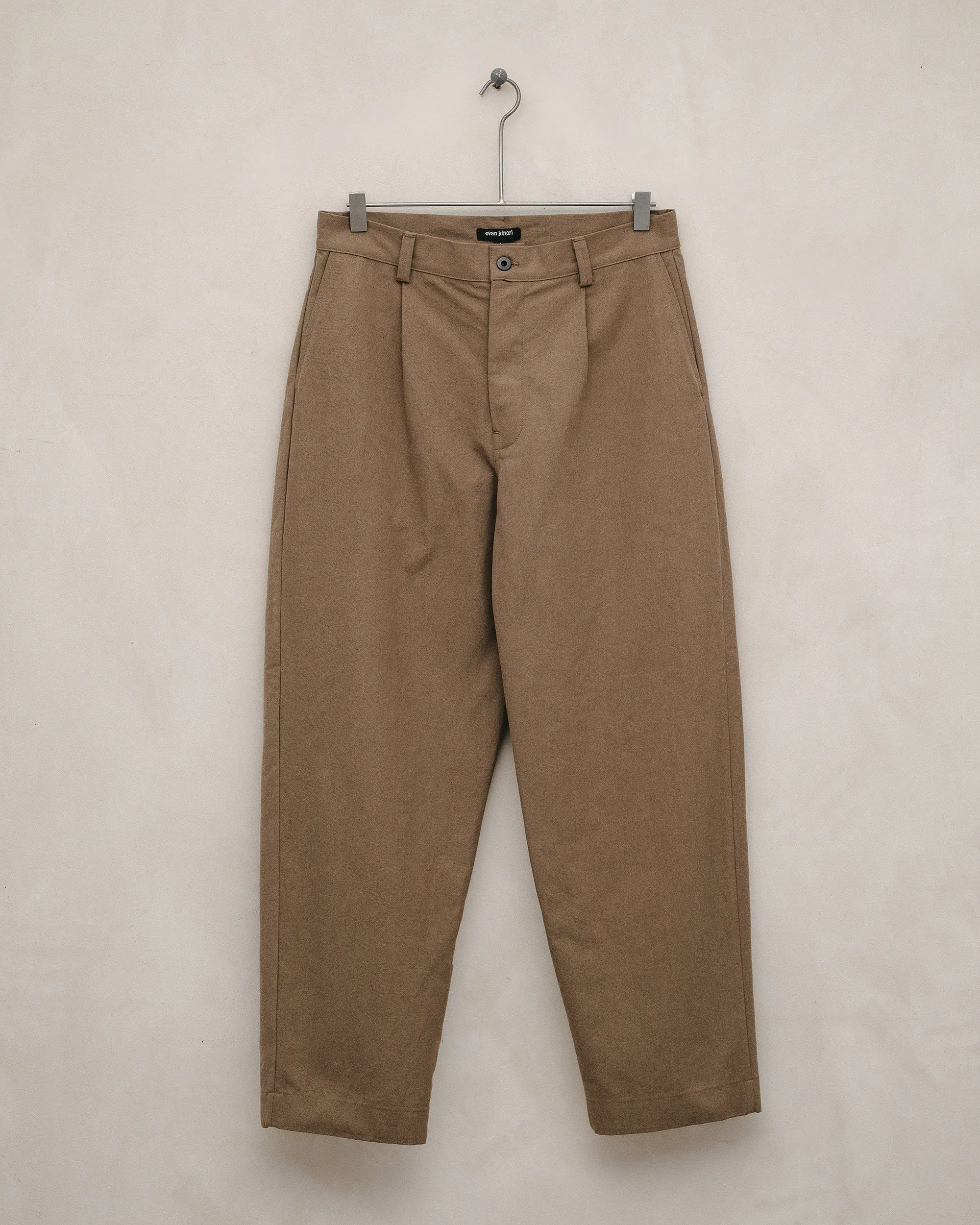 Single Pleat Pant - Undyed Organic Cotton Canvas, Brown (Iron Mordant) sold by Evan Kinori Mens