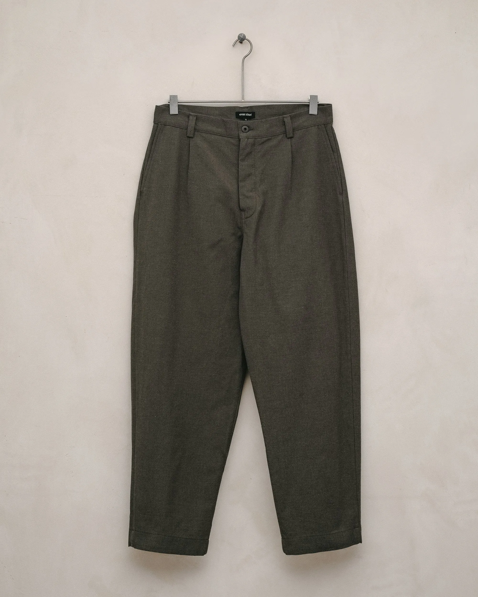 Single Pleat Pant - Yarn Dyed Pindot Canvas, Olive/Grey sold by Evan Kinori Mens