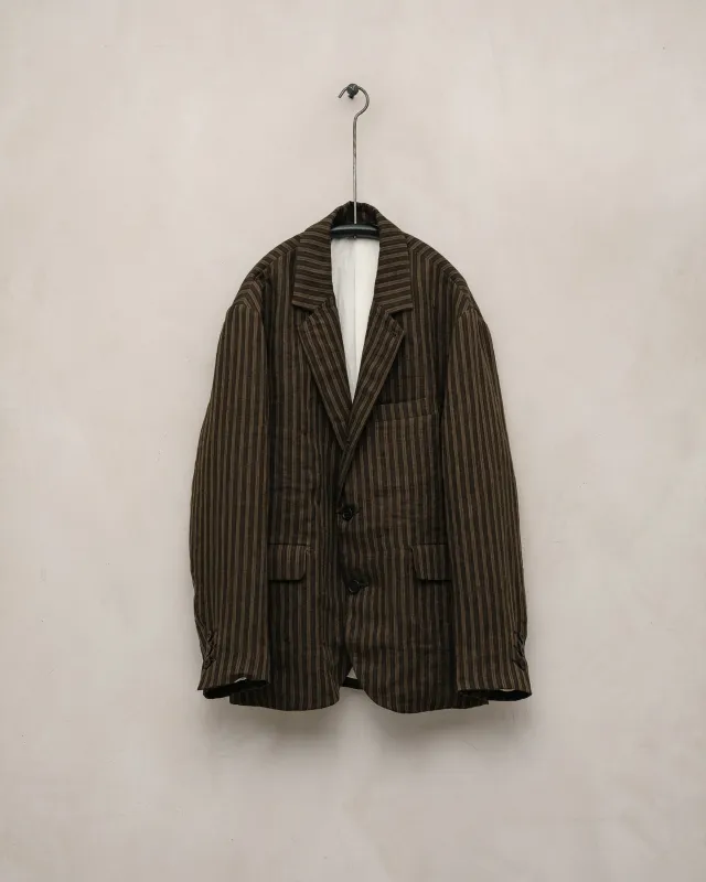 Three Button Jacket - Overdyed Linen Stripe, Brown sold by Evan Kinori Mens