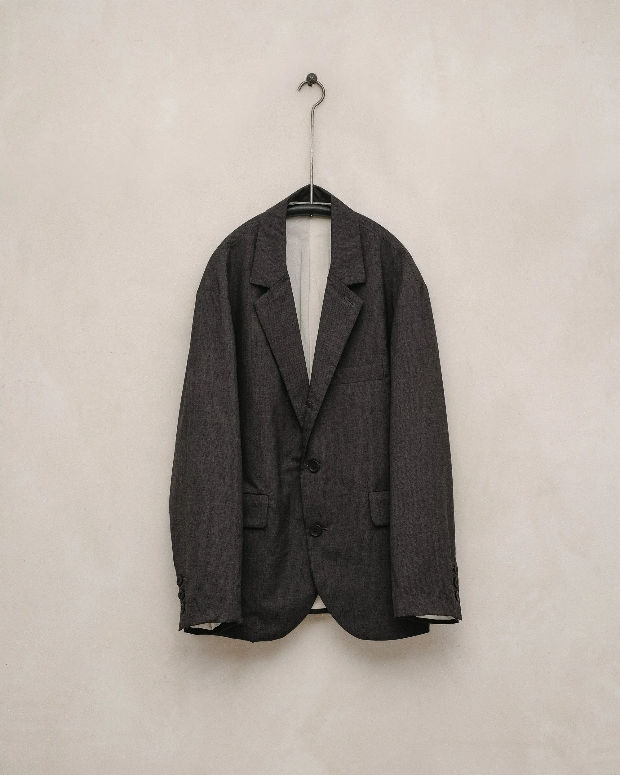 Three Button Jacket - Yarn Dyed Tropical Worsted Wool, Charcoal/Brown sold by Evan Kinori Mens