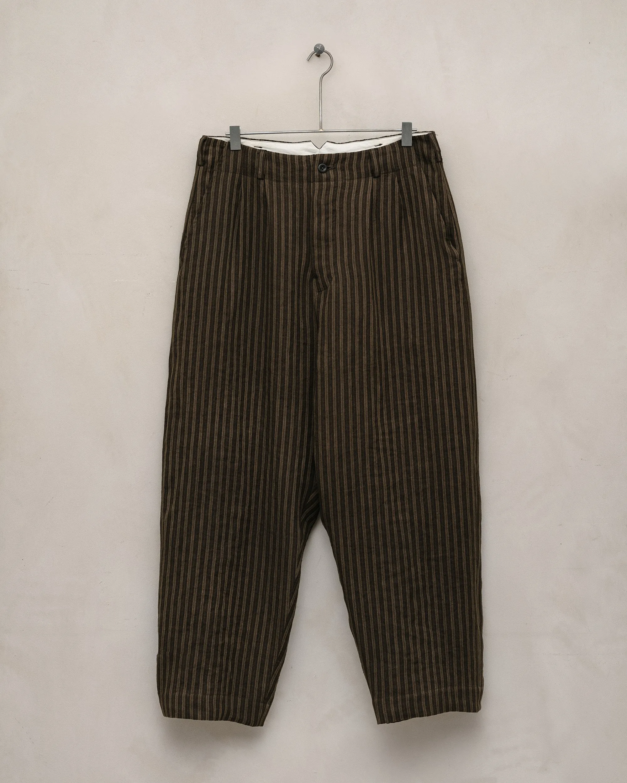 Two Pleat Pant - Overdyed Linen Stripe, Brown sold by Evan Kinori Mens