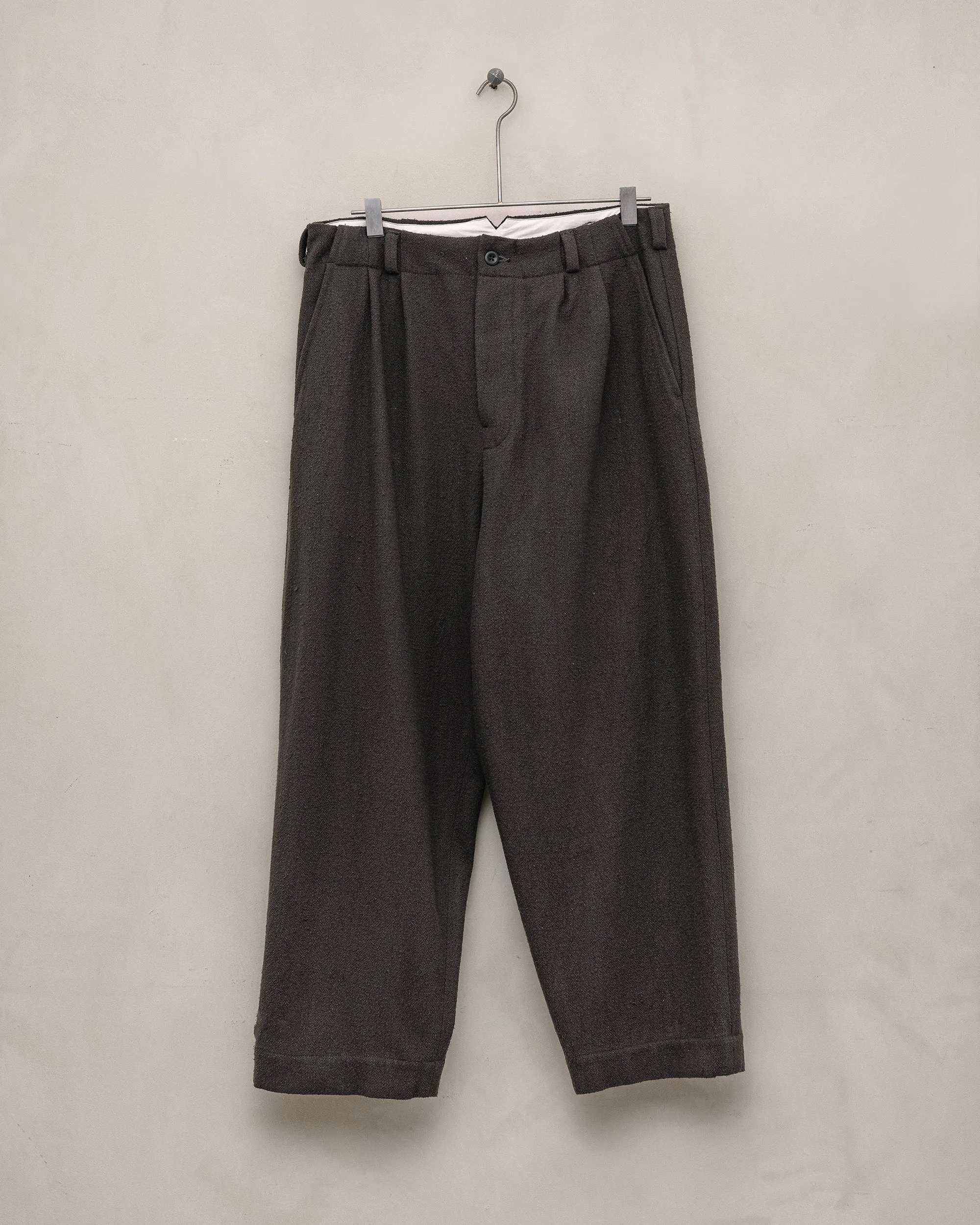 Two Pleat Pant - Raw Silk Noil, Charcoal sold by Evan Kinori Mens