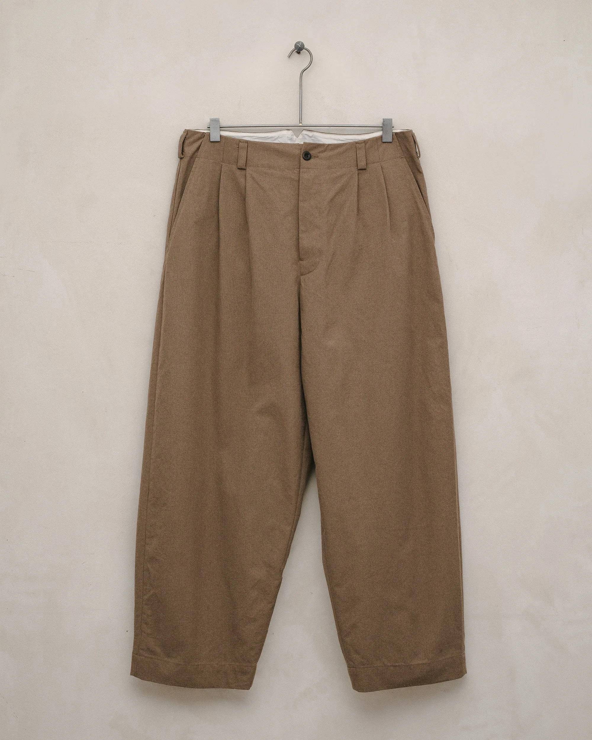 Two Pleat Pant - Undyed Organic Cotton Canvas, Brown (Iron Mordant) sold by Evan Kinori Mens