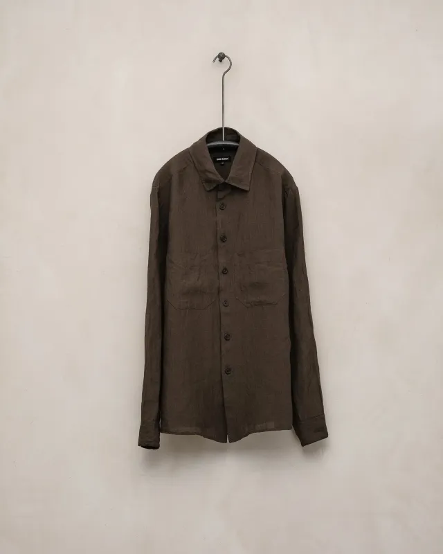 Two Pocket Shirt - Yarn Dyed Linen Puppytooth, Brown sold by Evan Kinori Mens