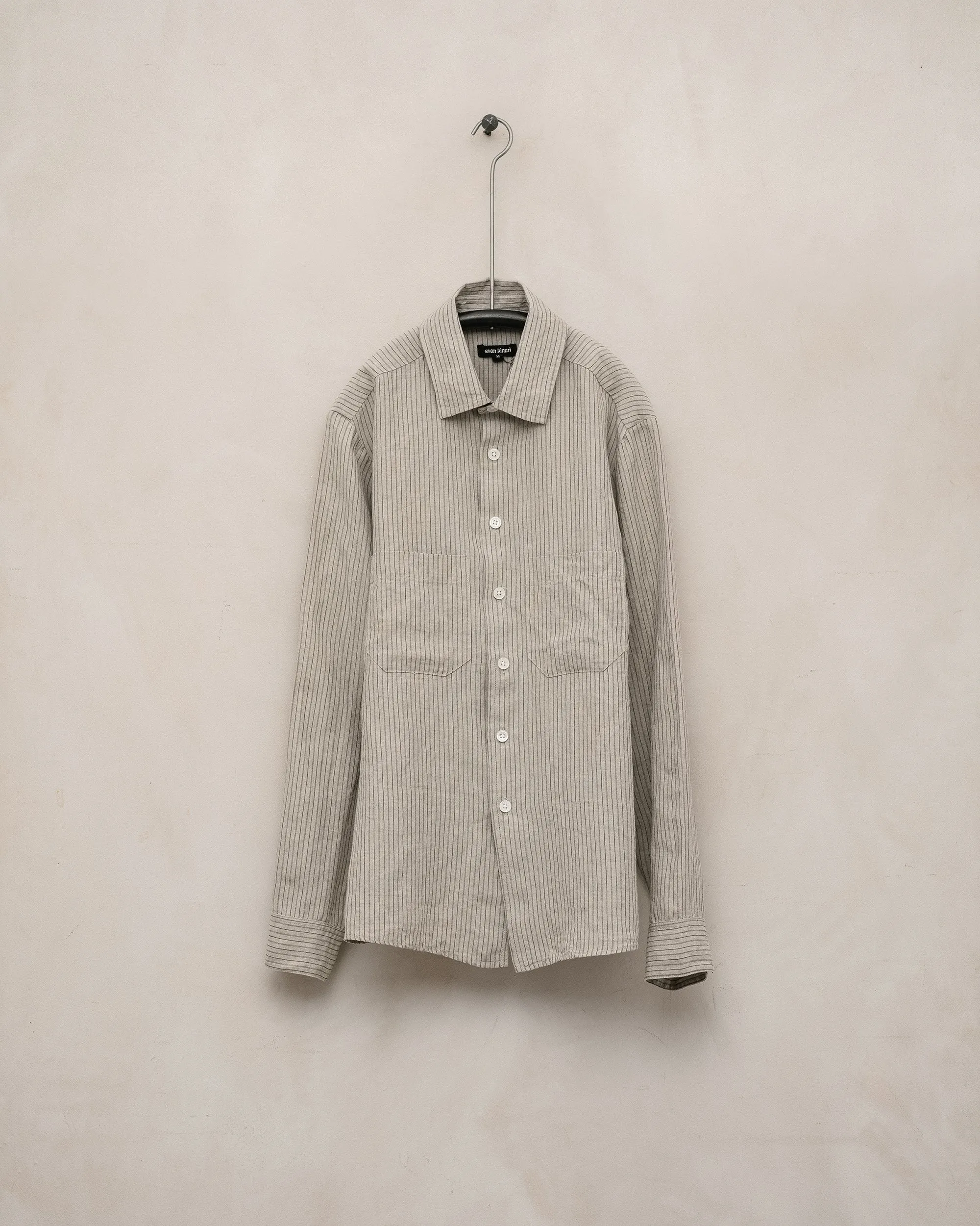 Two Pocket Shirt - Yarn Dyed Linen/Cotton Stripe, Natural/Brown sold by Evan Kinori Mens