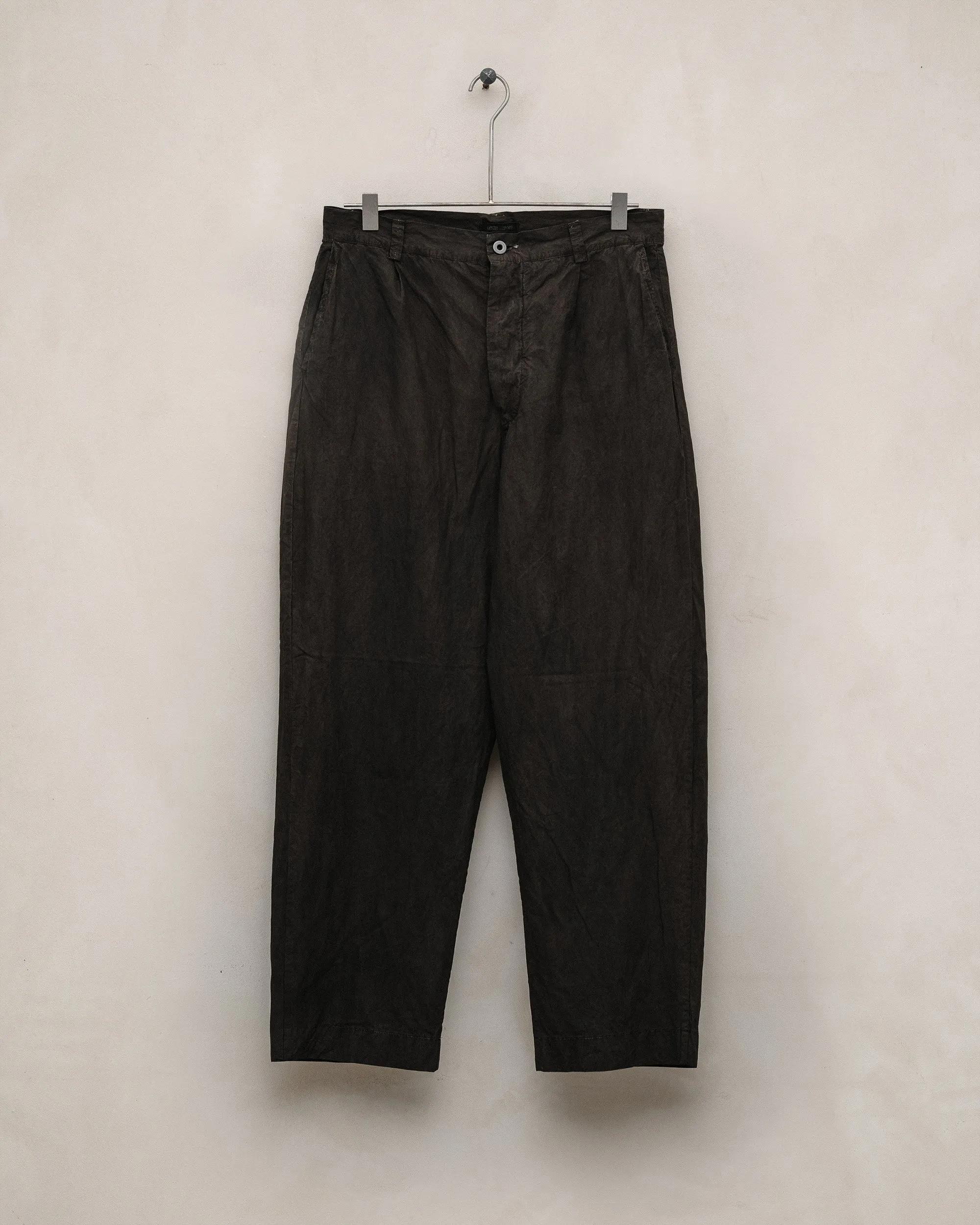 Single Pleat Pant - Organic Cotton Typewriter Cloth (Mud Dye), Brown sold by Evan Kinori Mens