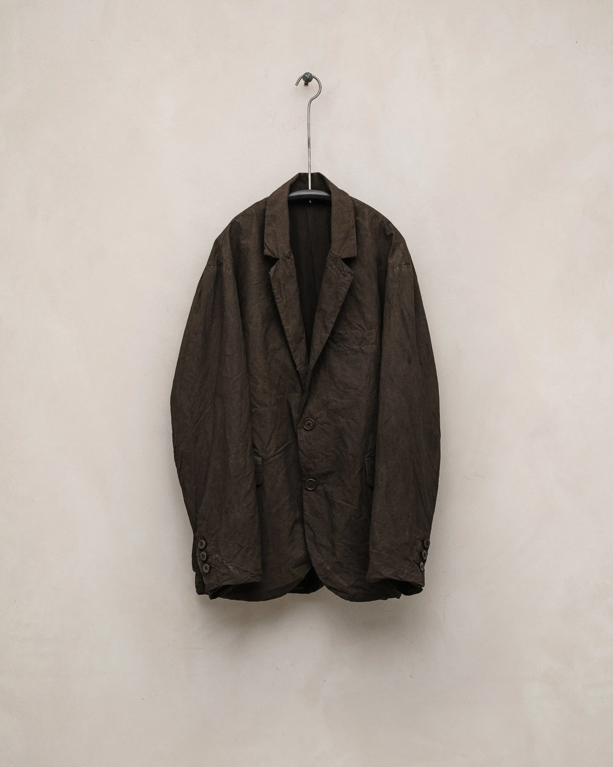 Three Button Jacket - Organic Cotton Typewriter Cloth (Mud Dye), Brown sold by Evan Kinori Mens