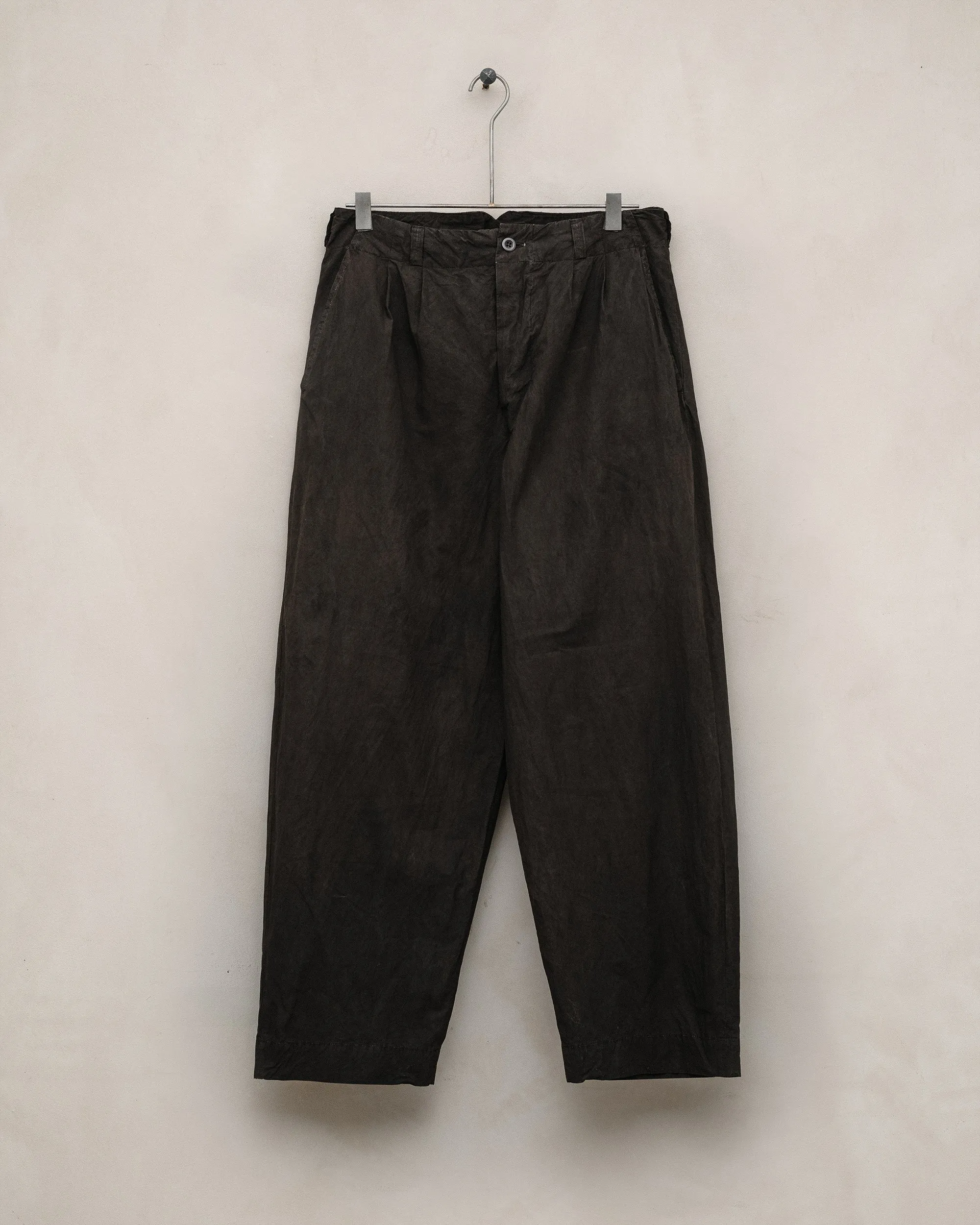 Two Pleat Pant - Organic Cotton Typewriter Cloth (Mud Dye), Brown sold by Evan Kinori Mens