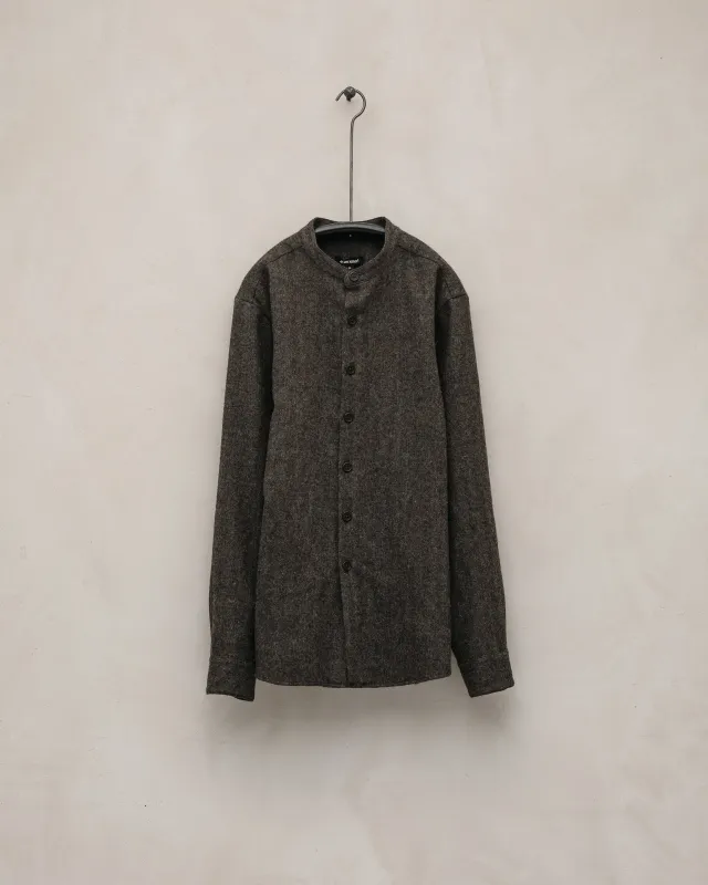 Band Collar Shirt - Undyed Wool Herringbone, Dark Brown sold by Evan Kinori Mens