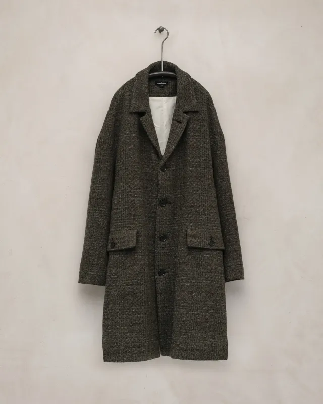 Big Coat - Wool Herringbone Check, Dark Olive/Charcoal sold by Evan Kinori Mens