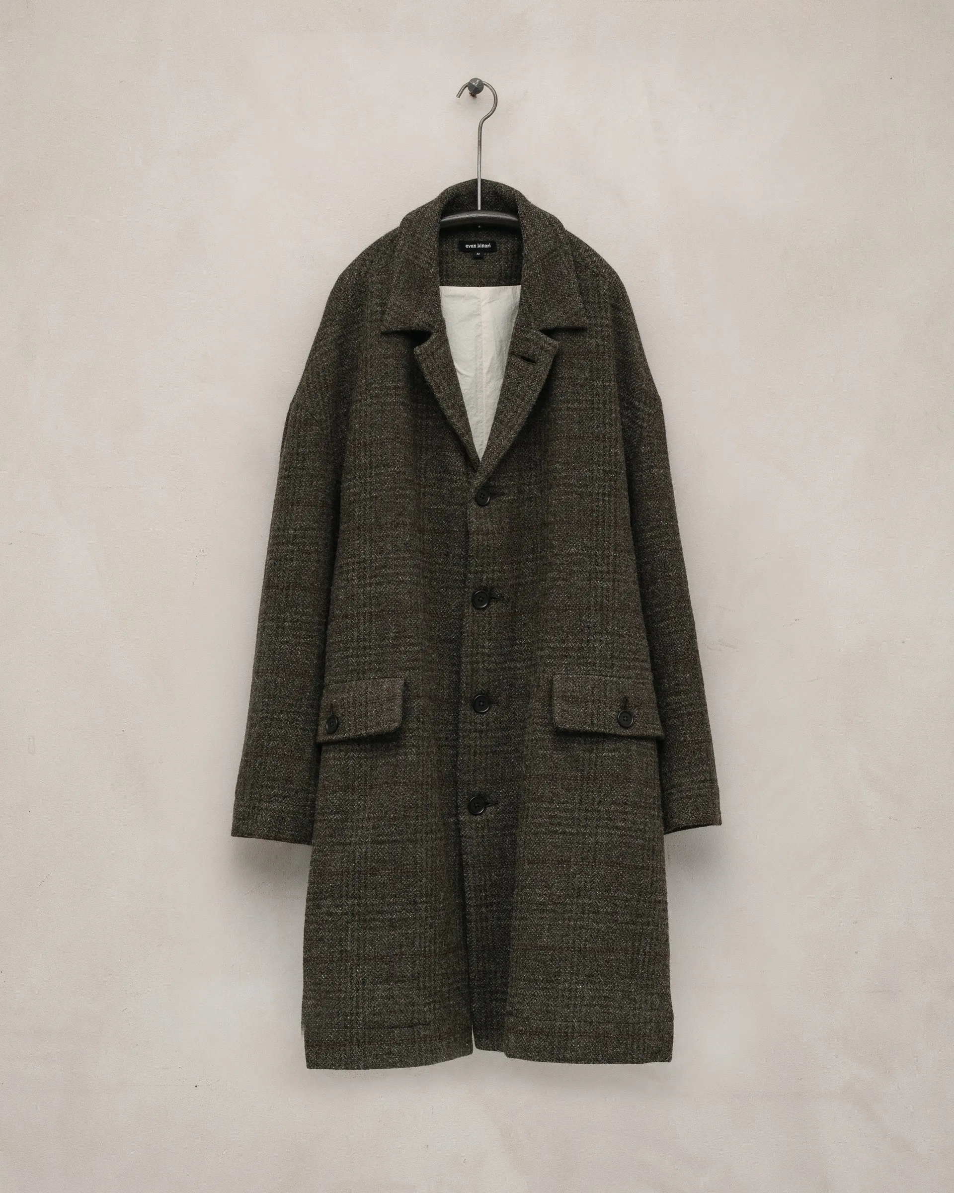 Big Coat - Wool Herringbone Check, Dark Olive/Charcoal sold by Evan Kinori Mens