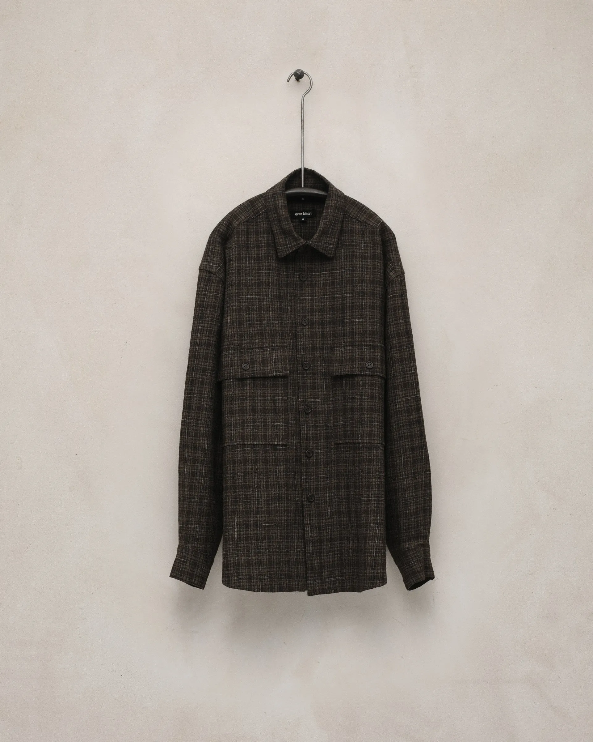 Big Shirt - Kasuri Wool Check, Brown/Beige/Navy sold by Evan Kinori Mens