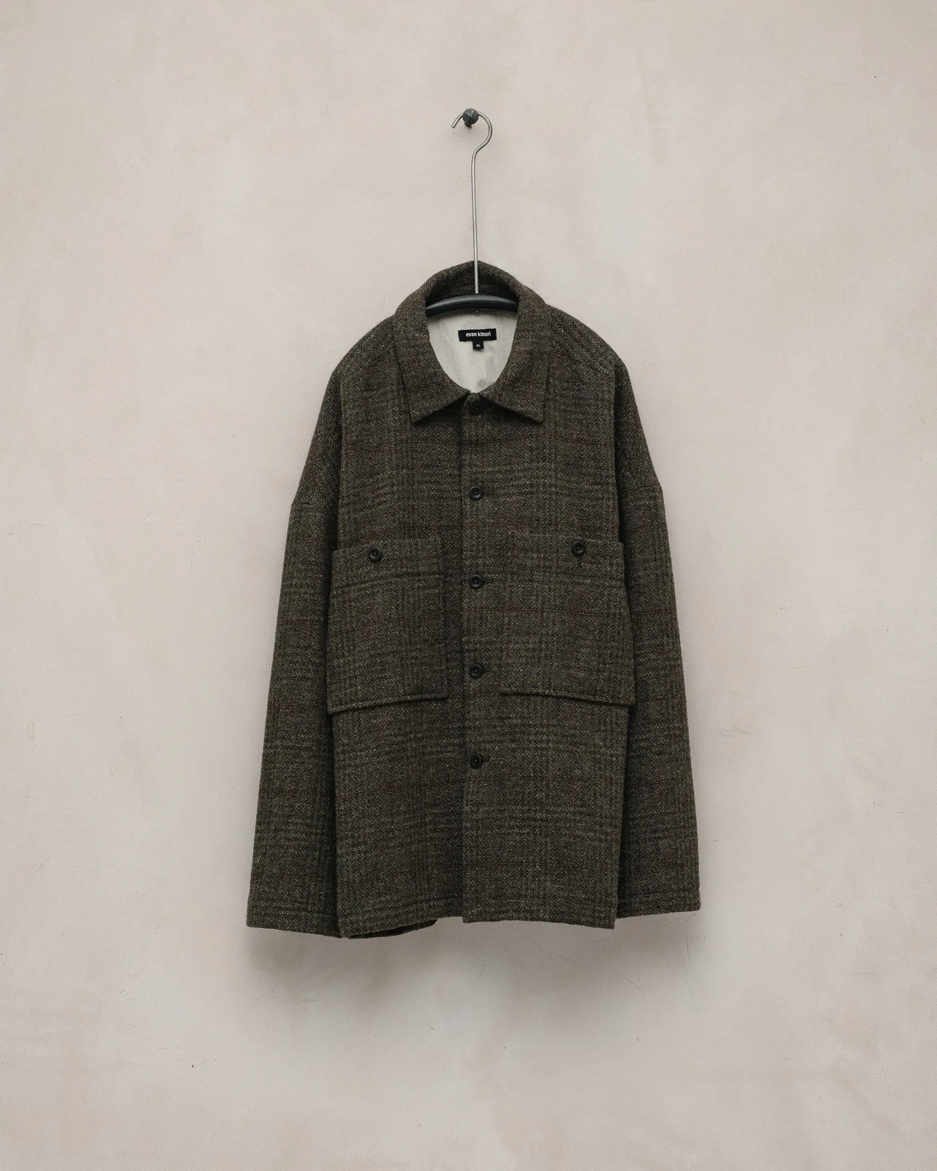 Field Shirt Two - Wool Herringbone Check, Dark Olive/Charcoal sold by Evan Kinori Mens