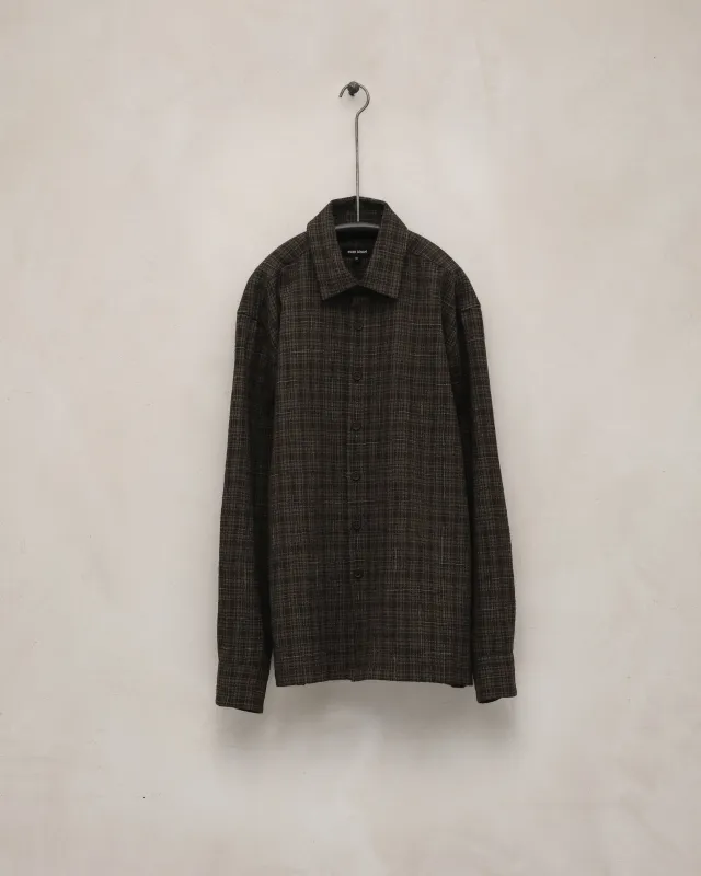 Flat Hem Shirt - Kasuri Wool Check, Brown/Beige/Navy sold by Evan Kinori Mens