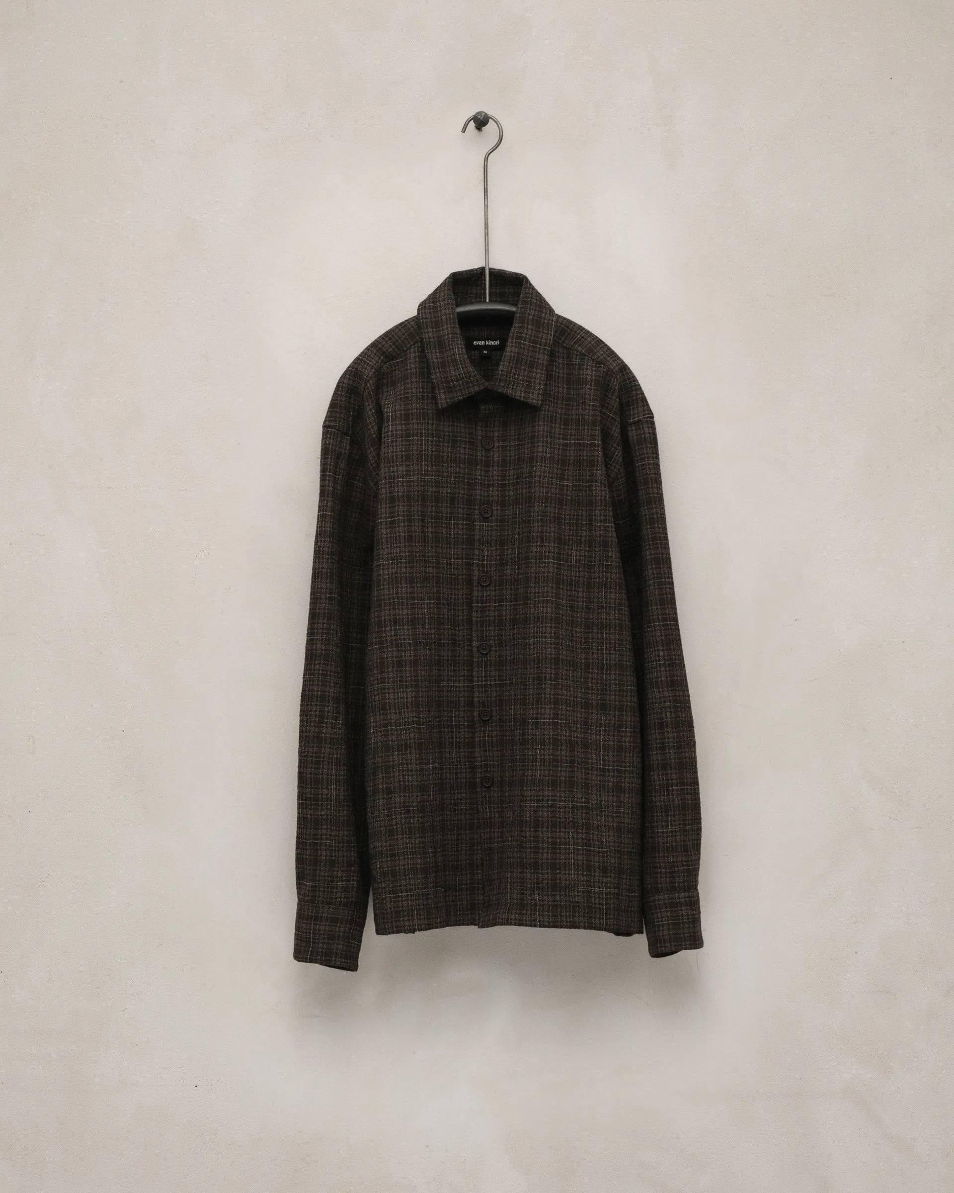 Flat Hem Shirt - Kasuri Wool Check, Brown/Beige/Navy sold by Evan Kinori Mens
