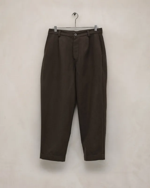 Single Pleat Pant - Brushed Broken Twill, Dark Olive sold by Evan Kinori Mens