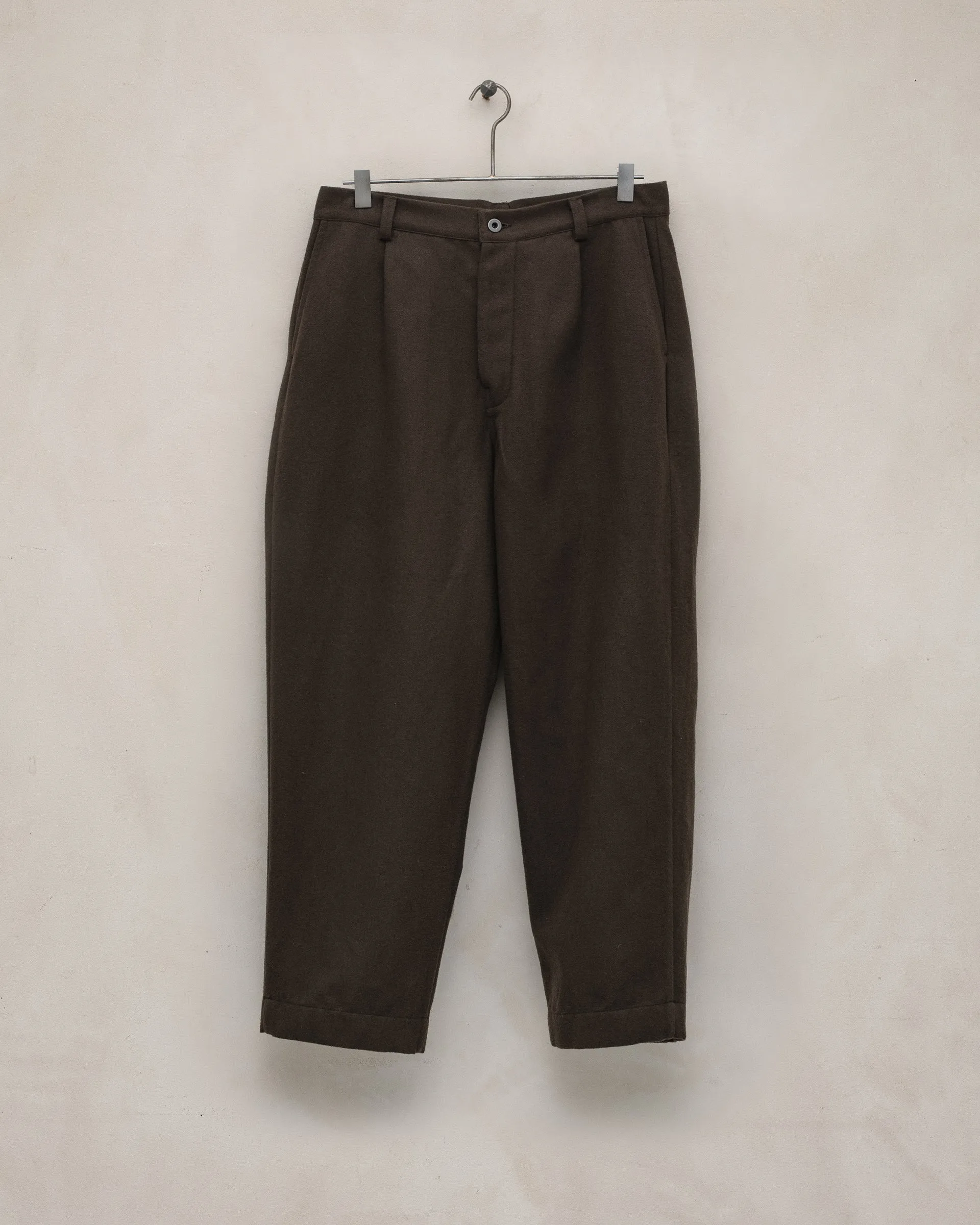 Single Pleat Pant - Brushed Broken Twill, Dark Olive sold by Evan Kinori Mens