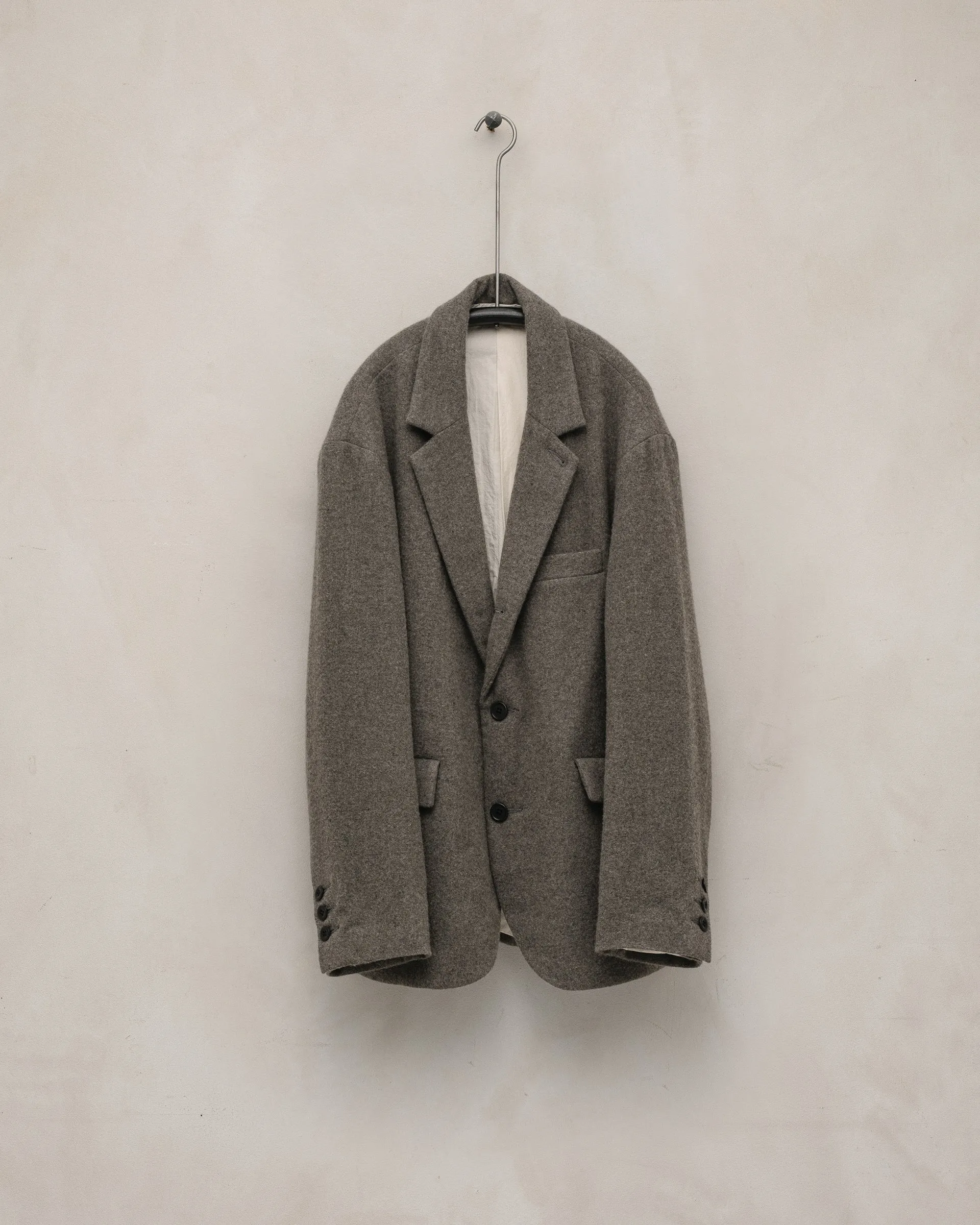 Three Button Jacket - Brushed Cashmere/Wool Flannel, Mid-Grey sold by Evan Kinori Mens