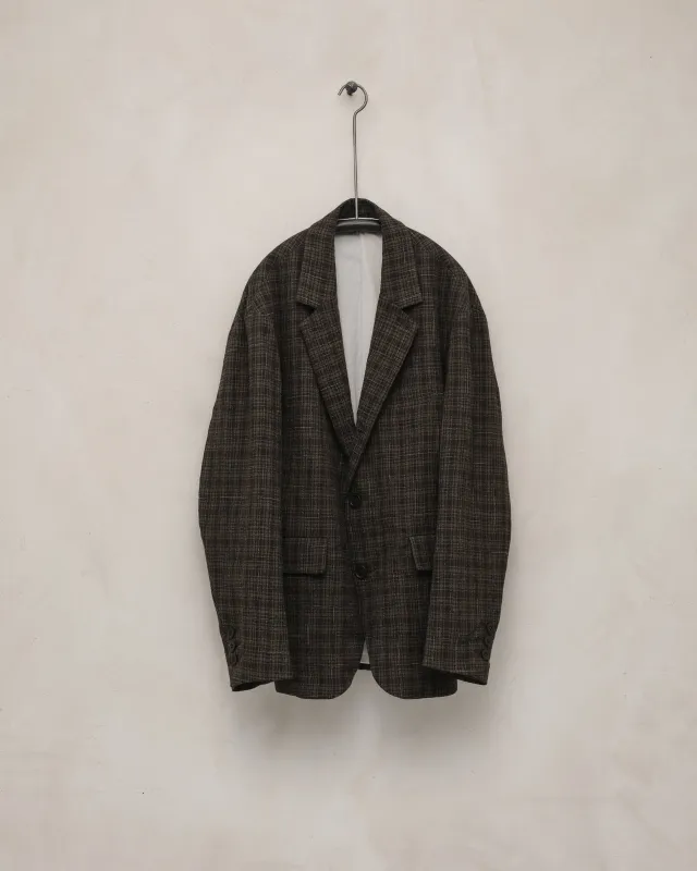 Three Button Jacket - Kasuri Wool Check, Brown/Beige/Navy sold by Evan Kinori Mens
