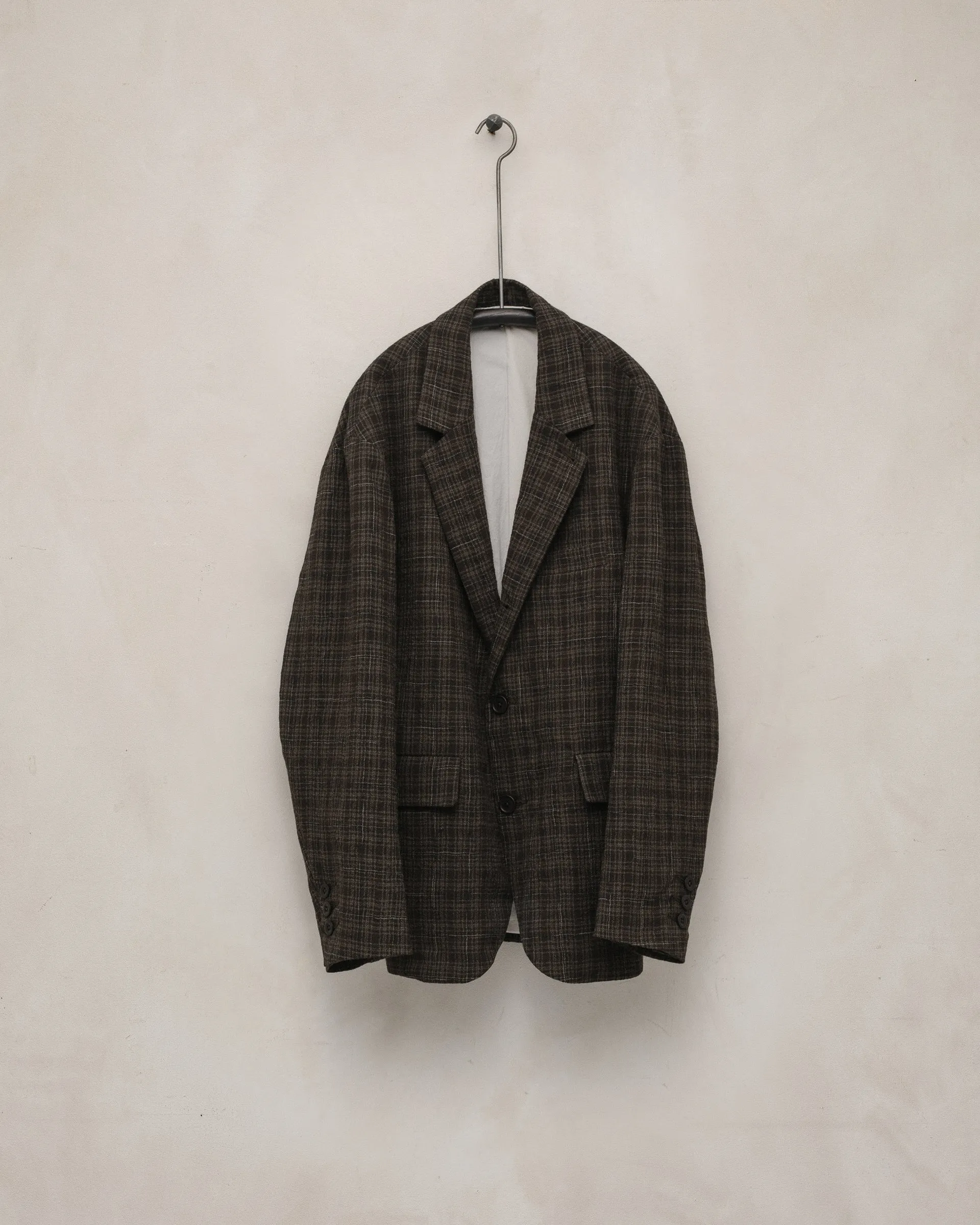 Three Button Jacket - Kasuri Wool Check, Brown/Beige/Navy sold by Evan Kinori Mens