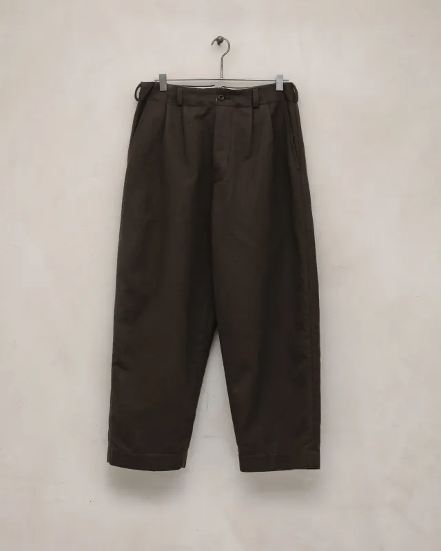 Two Pleat Pant - Brushed Broken Twill, Dark Olive sold by Evan Kinori Mens