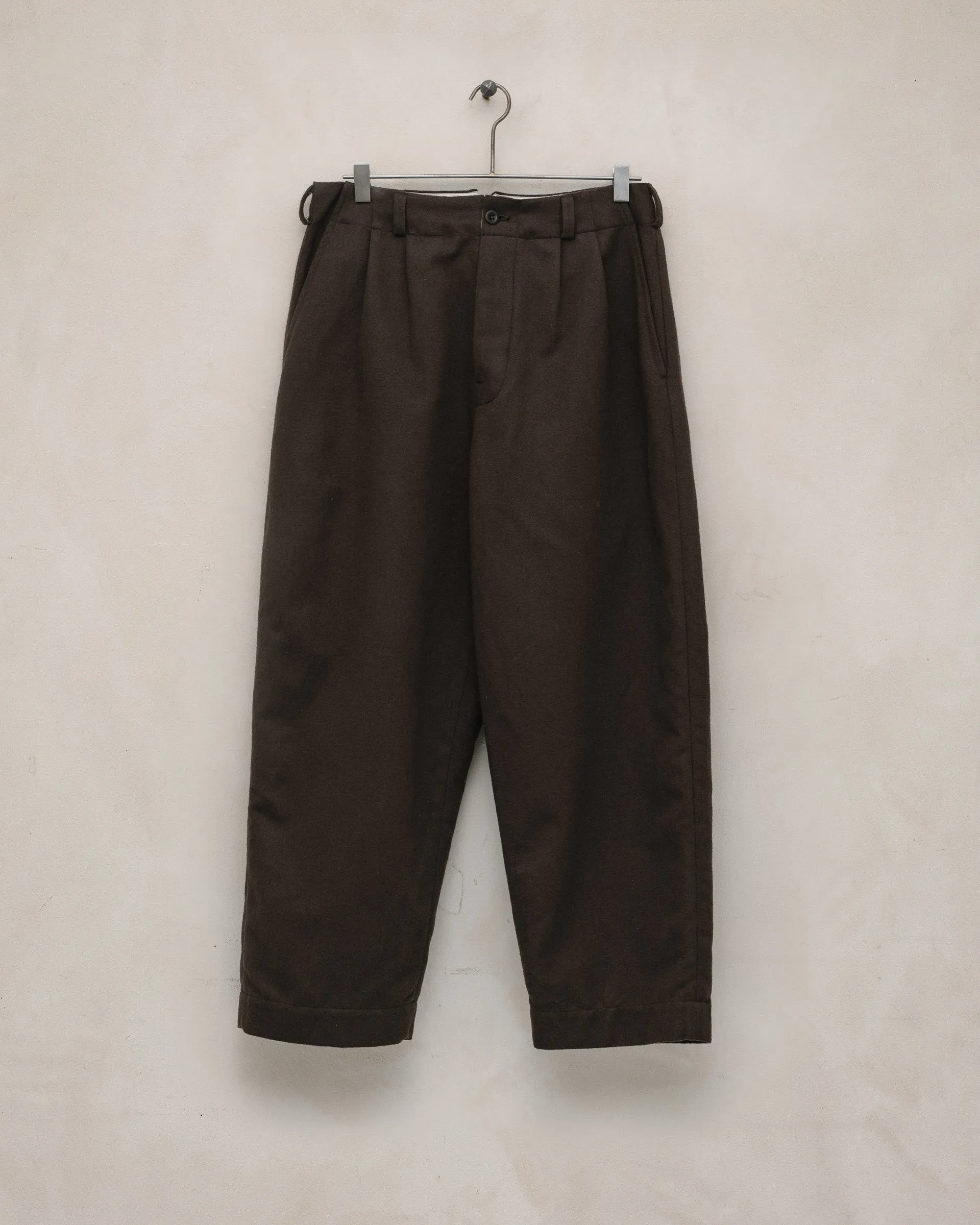 Two Pleat Pant - Brushed Broken Twill, Dark Olive sold by Evan Kinori Mens