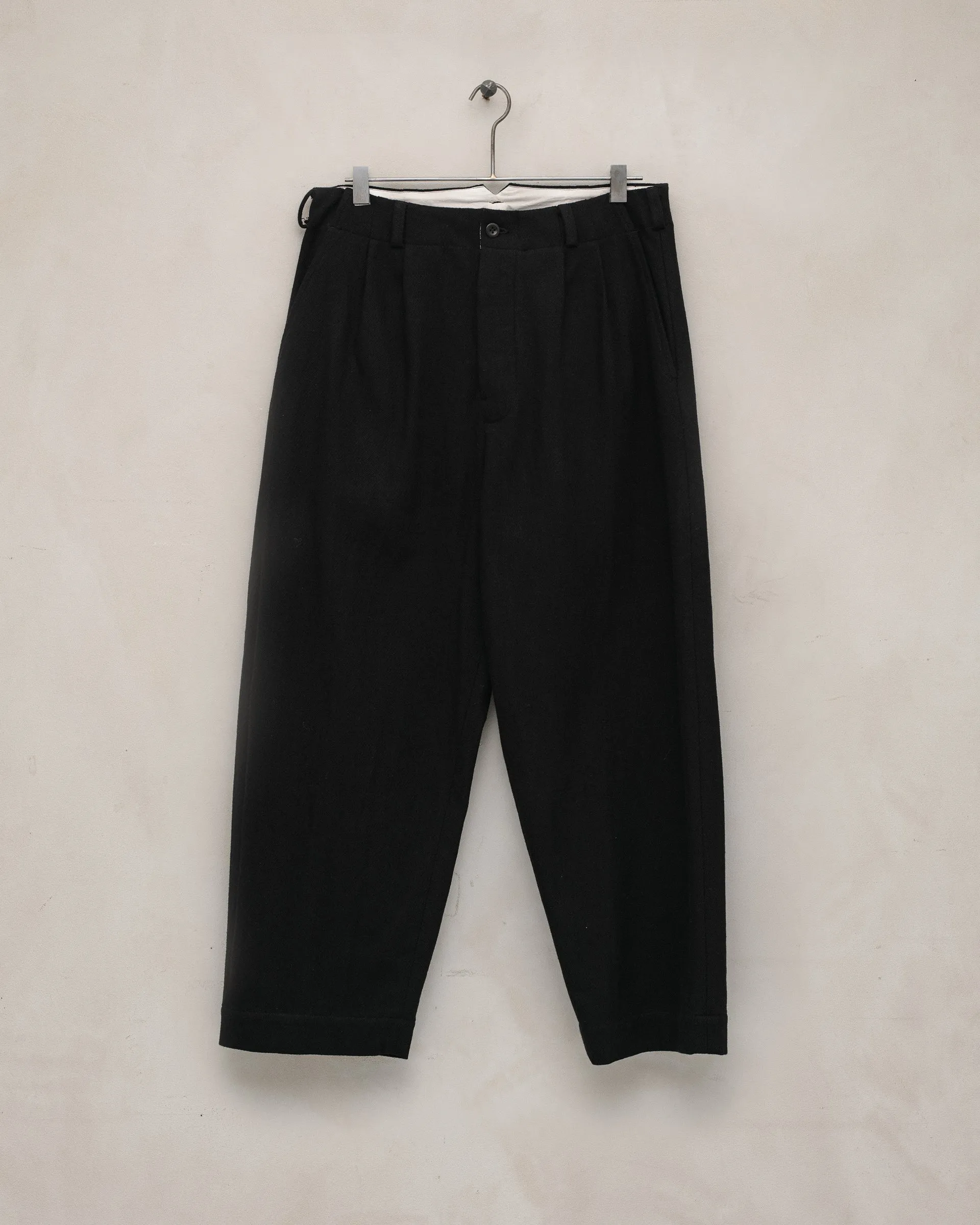 Two Pleat Pant - Cotton Kersey, Black sold by Evan Kinori Mens