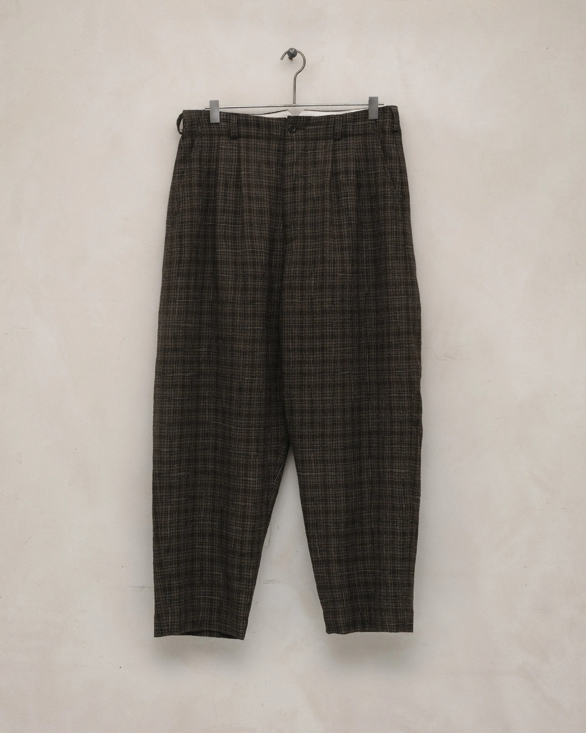 Two Pleat Pant - Kasuri Wool Check, Brown/Beige/Navy sold by Evan Kinori Mens
