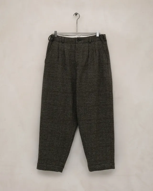 Two Pleat Pant - Wool Herringbone Check, Dark Olive/Charcoal sold by Evan Kinori Mens