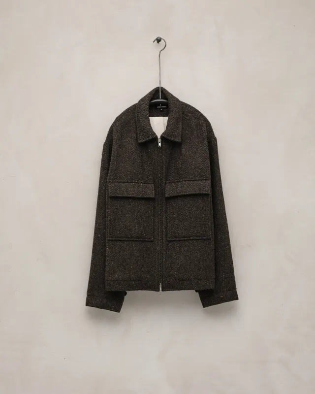Zip Jacket - Irish Wool Herringbone Tweed, Brown/Charcoal sold by Evan Kinori Mens