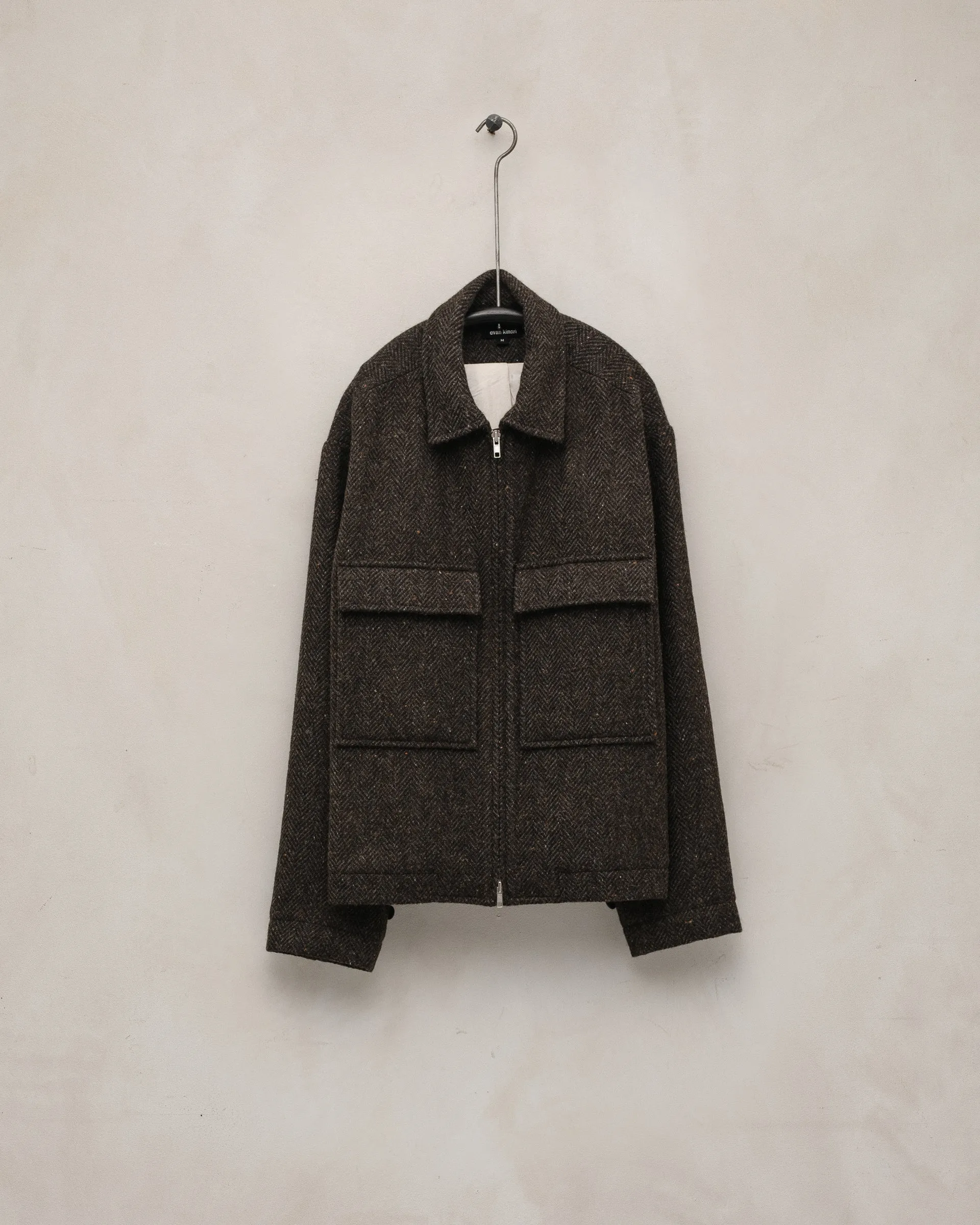 Zip Jacket - Irish Wool Herringbone Tweed, Brown/Charcoal sold by Evan Kinori Mens