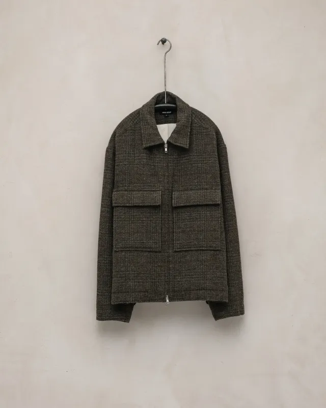 Zip Jacket - Wool Herringbone Check, Dark Olive/Charcoal sold by Evan Kinori Mens