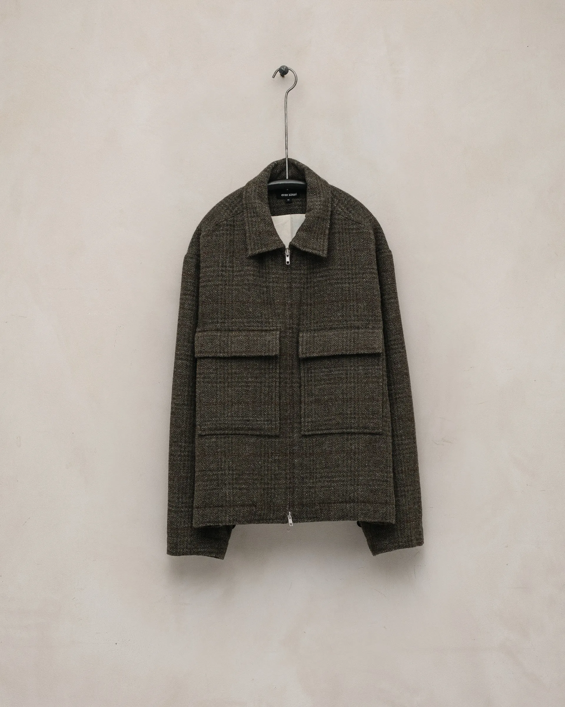 Zip Jacket - Wool Herringbone Check, Dark Olive/Charcoal sold by Evan Kinori Mens