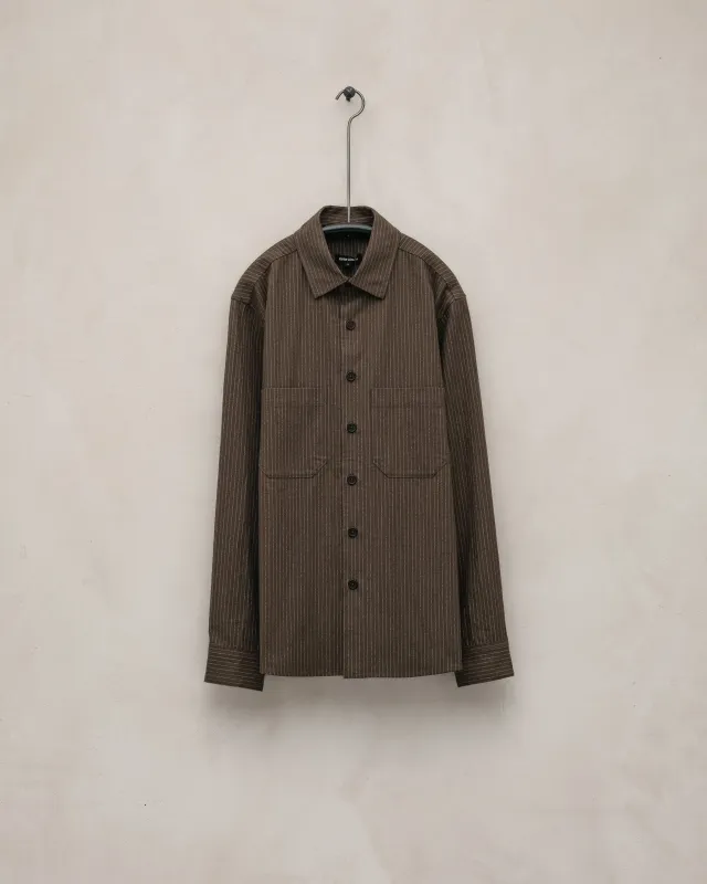 Two Pocket Shirt - Yarn Dyed Cotton Stripe, Olive/Natural sold by Evan Kinori