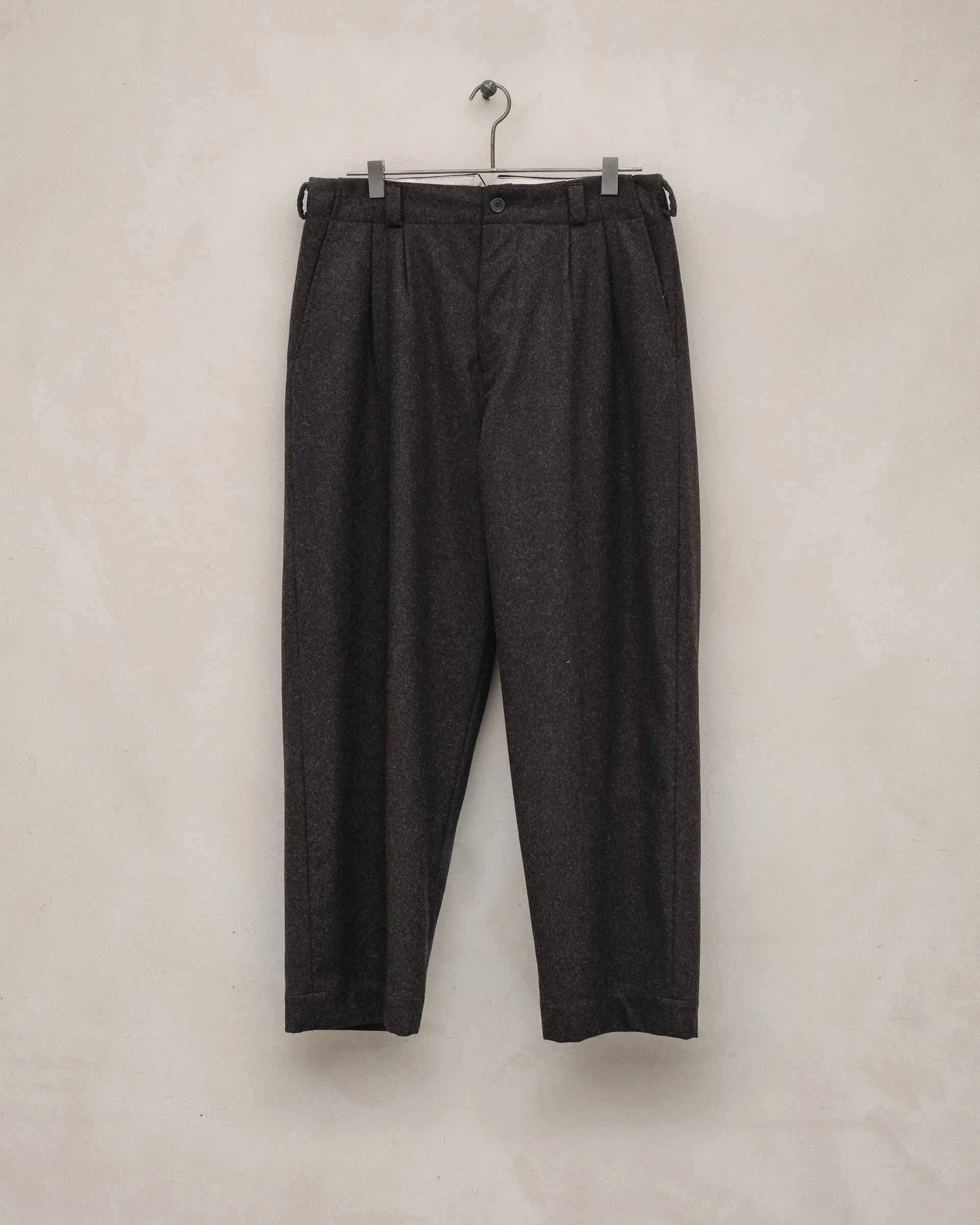 Two Pleat Pant - Fox Merino Wool Flannel, Dark Brown sold by Evan Kinori Mens