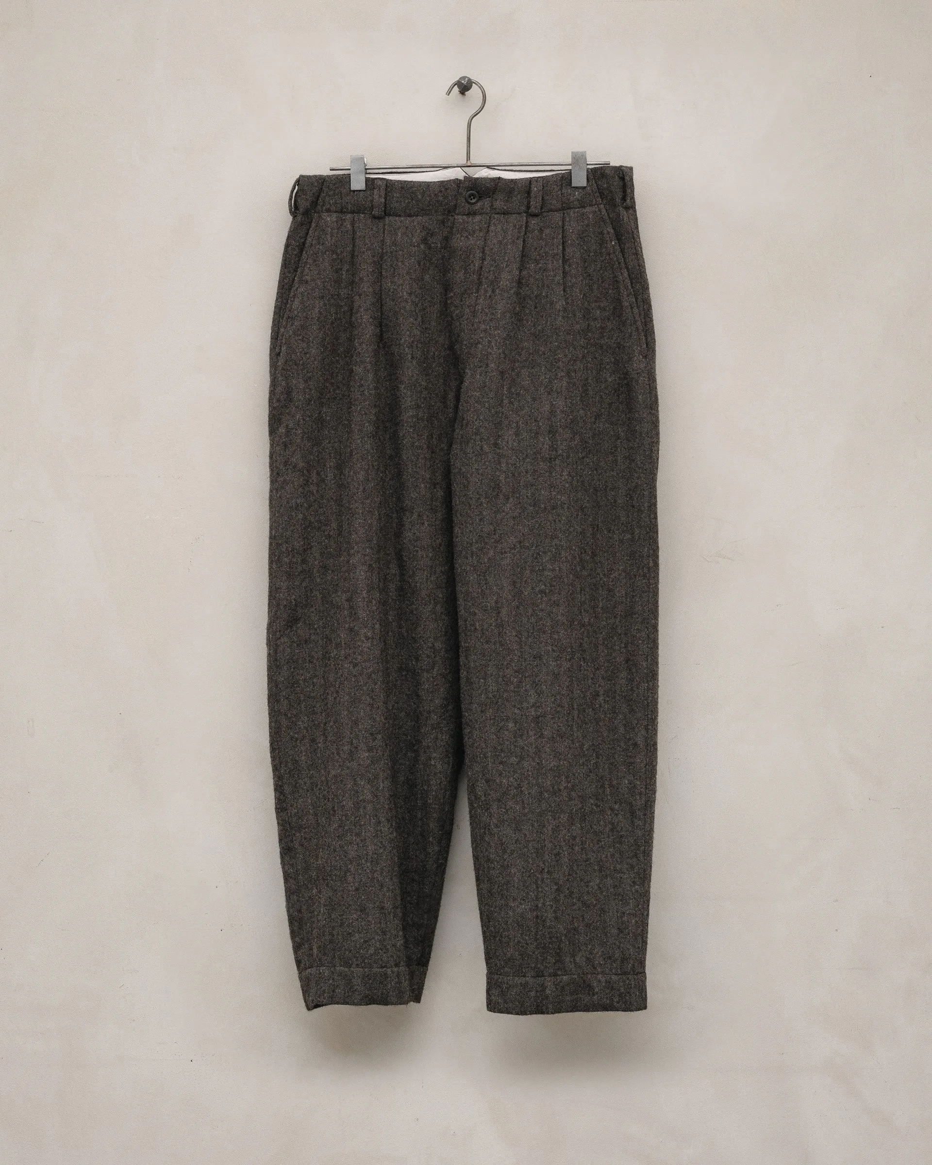 Two Pleat Pant - Undyed Wool Herringbone, Dark Brown sold by Evan Kinori Mens