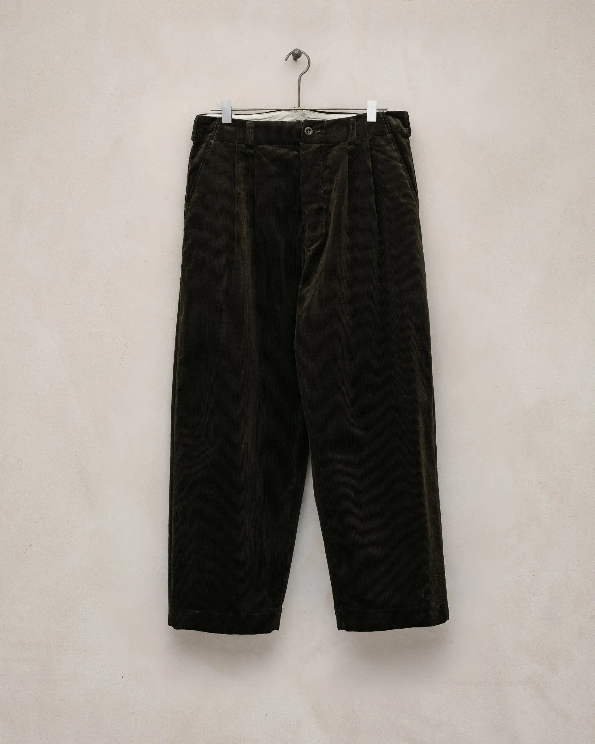 Two Pleat Pant - Organic Cotton Corduroy, Dark Olive sold by Evan Kinori