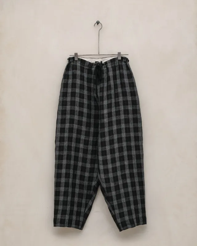 Drawstring Pant - Yarn Dyed Linen Check, Charcoal/Brown/Black made by Evan Kinori