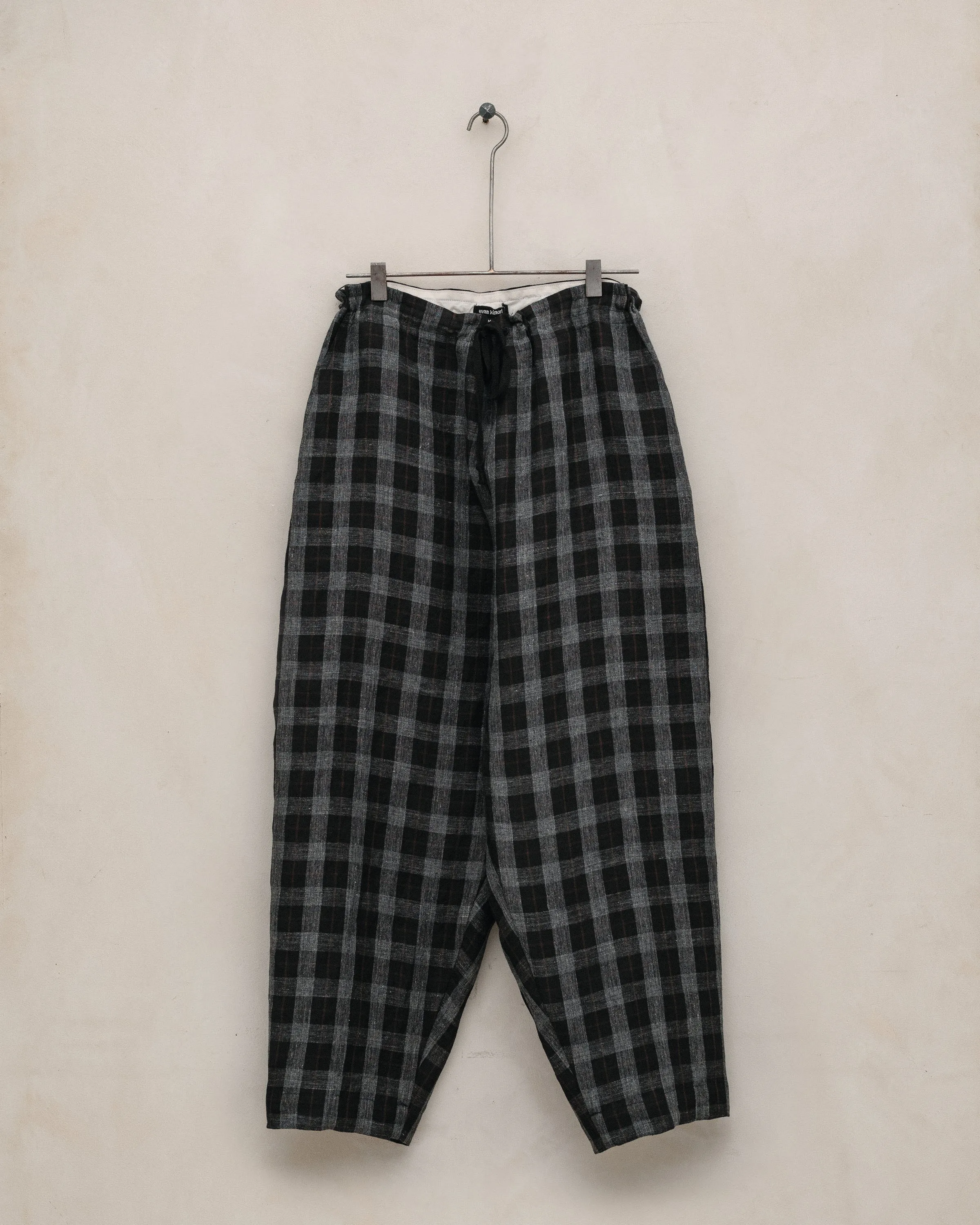 Drawstring Pant - Yarn Dyed Linen Check, Charcoal/Brown/Black sold by Evan Kinori