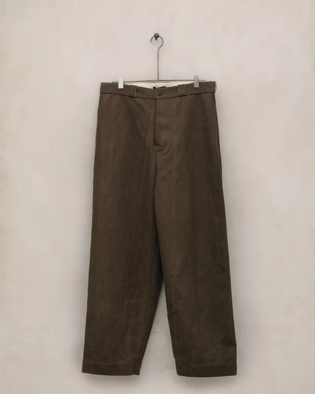 Flat Front Pant - Sumi Ink Cotton/Washi Canvas, Dark Olive made by Evan Kinori