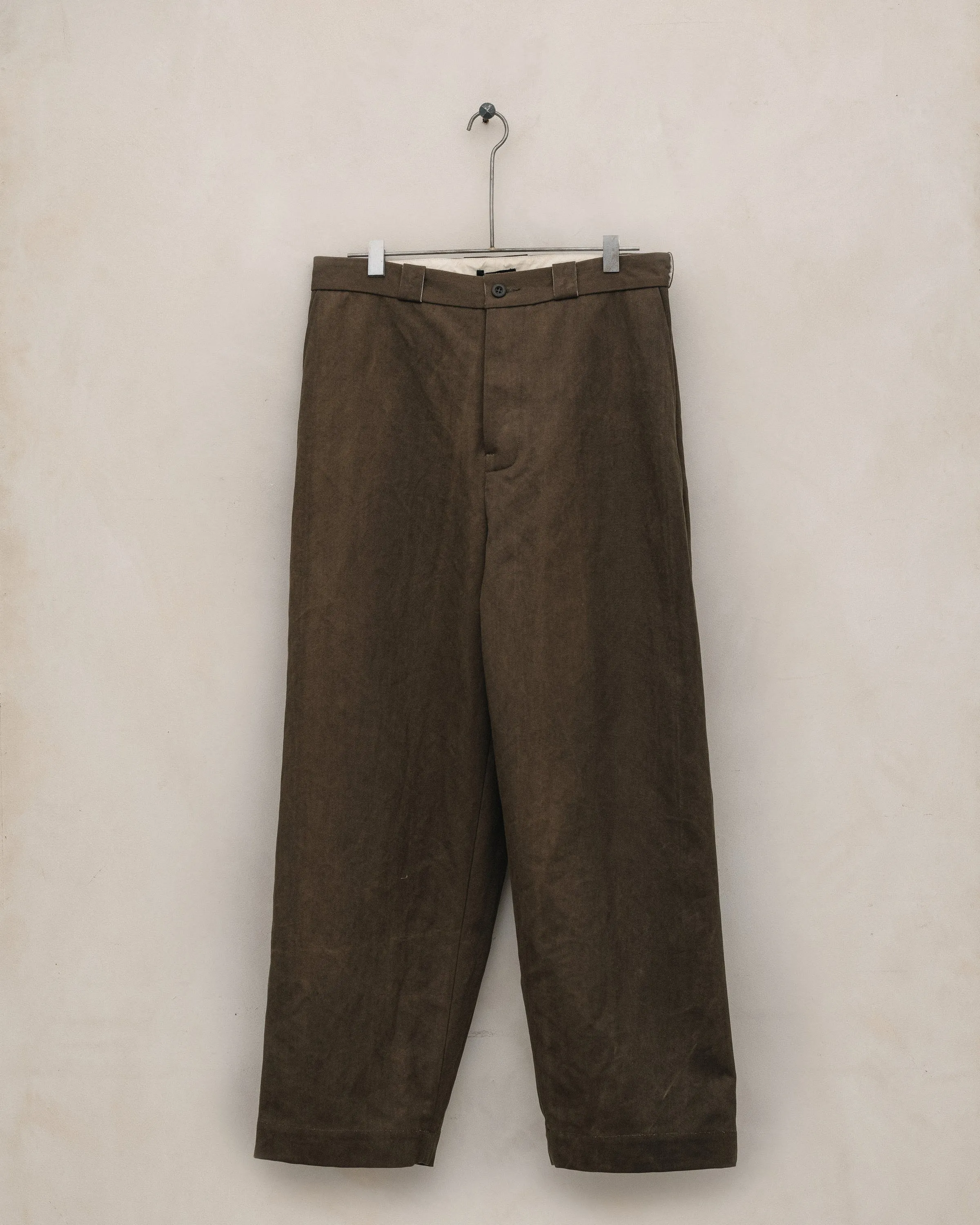 Flat Front Pant - Sumi Ink Cotton/Washi Canvas, Dark Olive sold by Evan Kinori