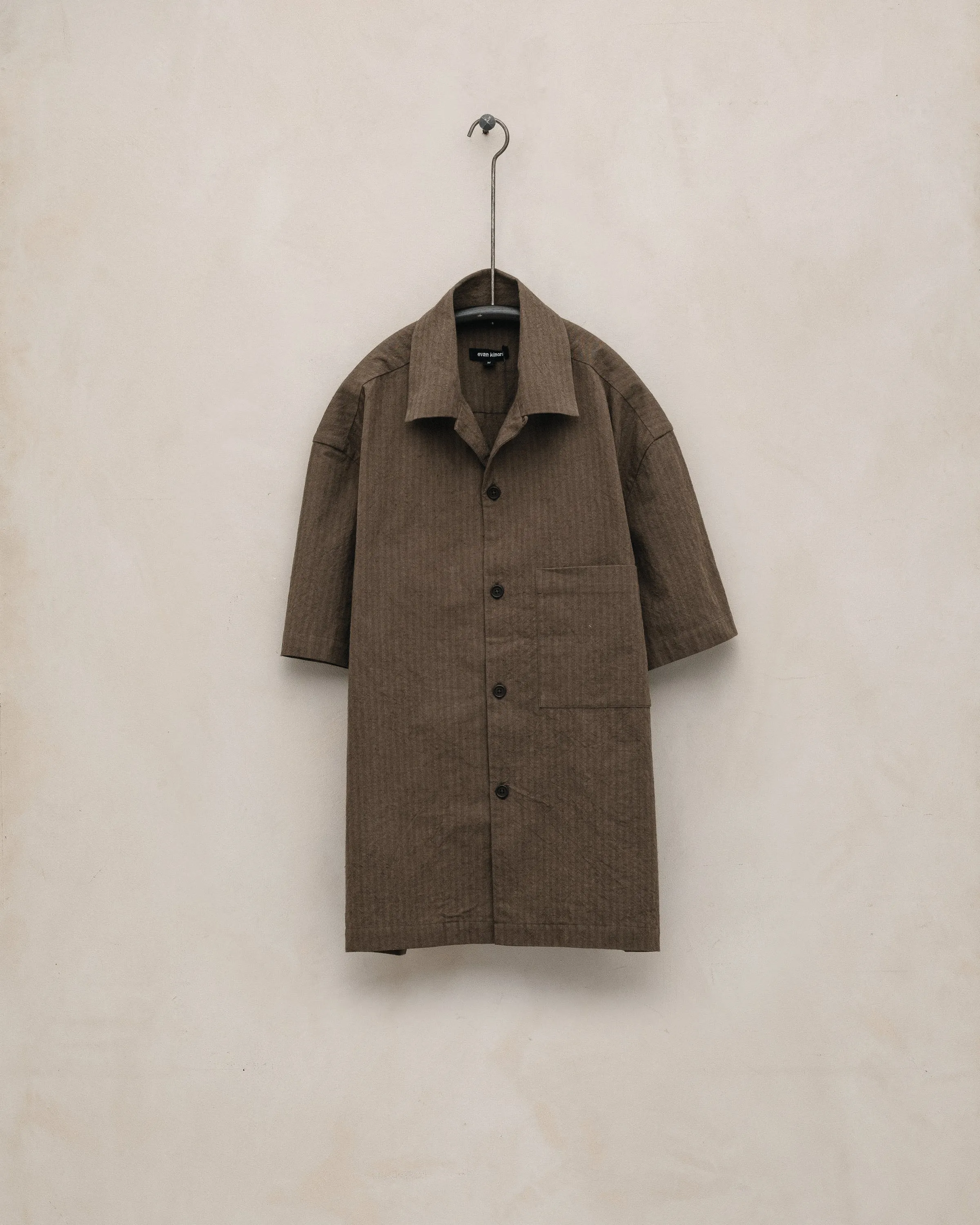 Short Sleeve Shirt - Yarn Dyed Hemp/Cotton Stripe, Charcoal/Dark Olive sold by Evan Kinori
