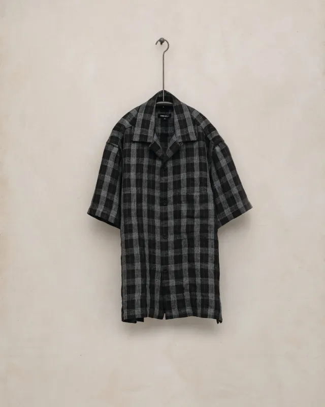 Short Sleeve Shirt - Yarn Dyed Linen Check, Charcoal/Brown/Black made by Evan Kinori