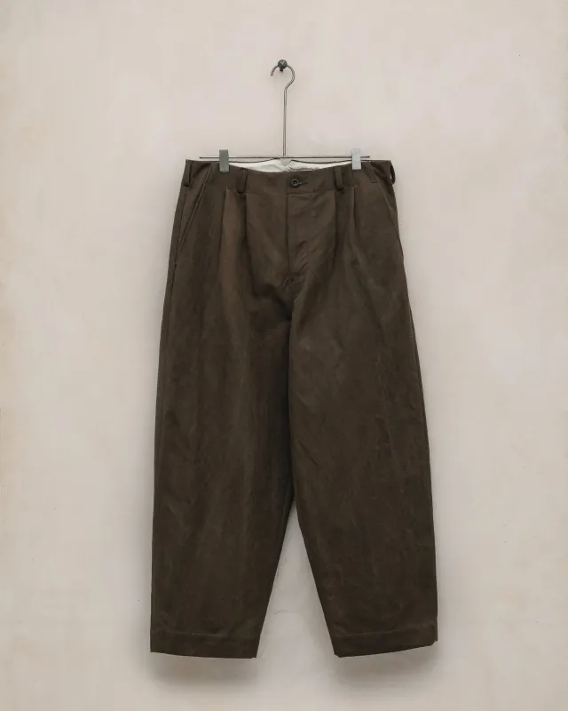Two Pleat Pant - Sumi Ink Cotton/Washi Canvas, Dark Olive made by Evan Kinori