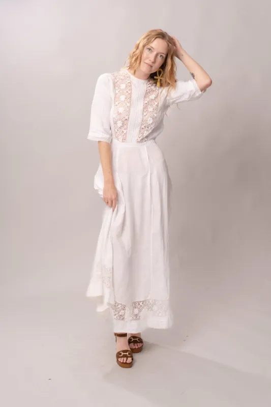 Edwardian White Cotton & Lace Panel Dress sold by Charm School Vintage