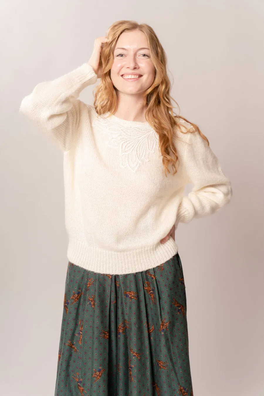 1980’s Cream Embellished Sweater sold by Charm School Vintage