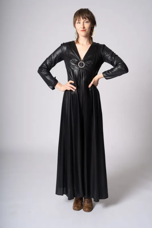 1970’s Shiny Black Jumpsuit sold by Charm School Vintage