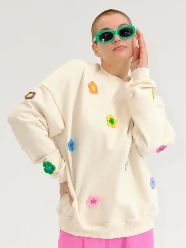 Made to order - ANEMONE beige flowers crew neck sold by Odeyalo