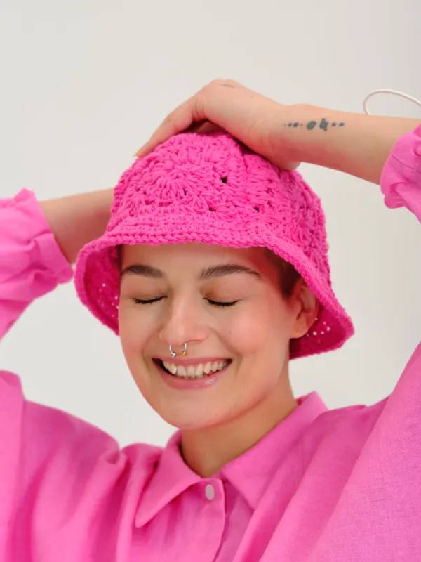 MITCH hot pink crochet bucket hat made by Odeyalo