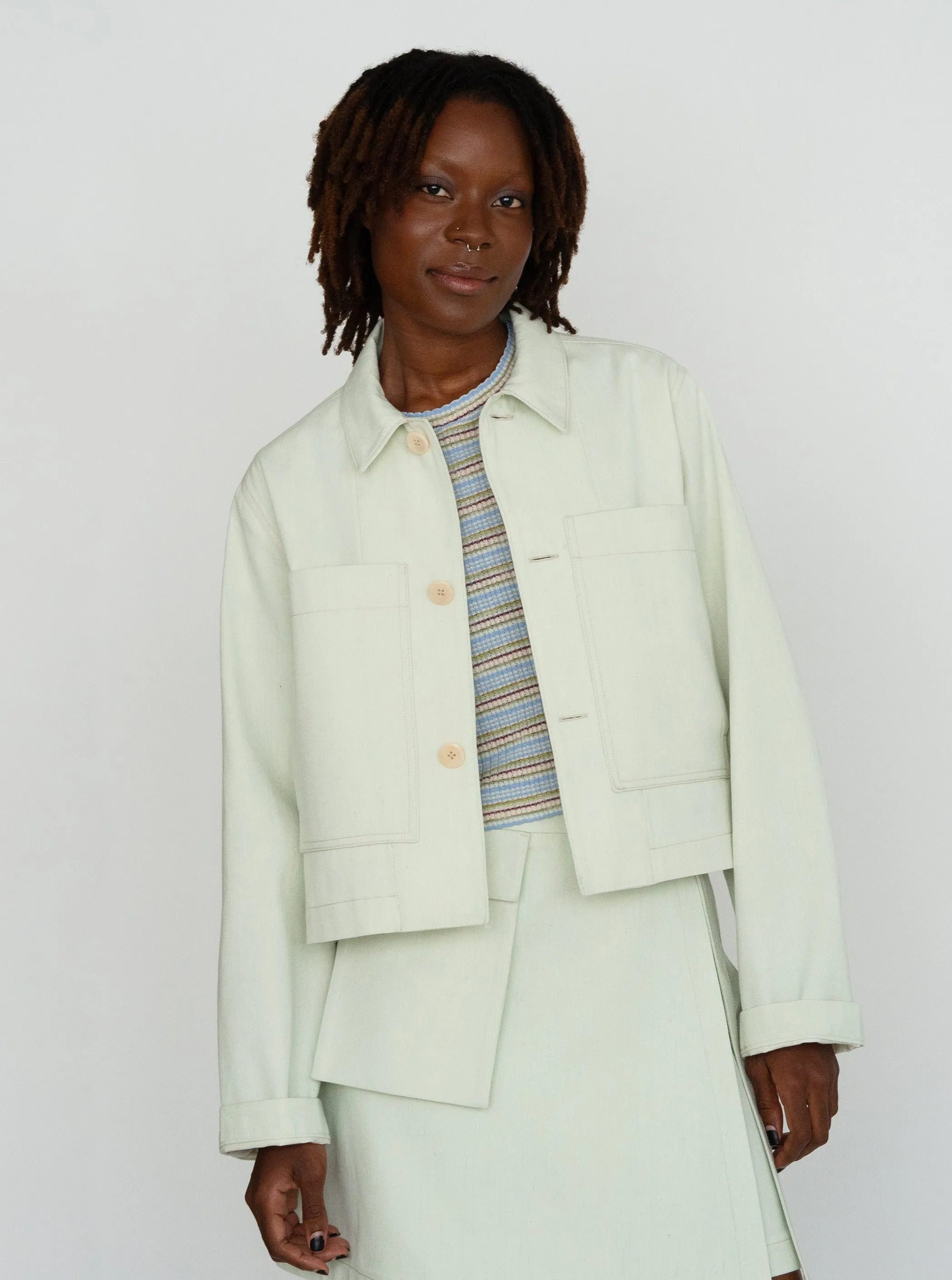 SEGRETA pale green denim jacket sold by Odeyalo